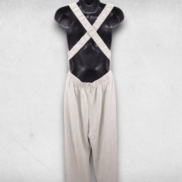 Hem & Thread Pant Jumpsuit Women M Beige Linen Blend Crossover Straps Boho 70s - Picture 12 of 12
